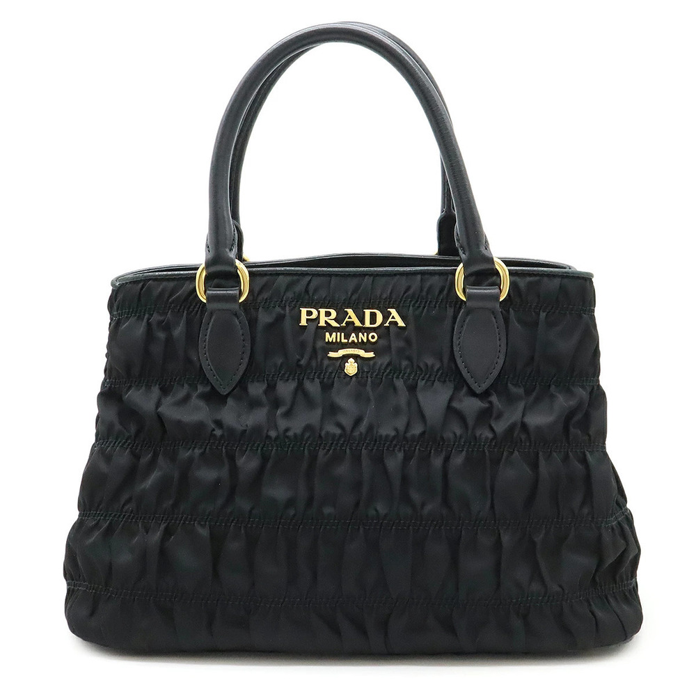 Prada Gathered Handbag Tote Bag Leather NERO Black